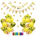 Golden Happy Birthday banner set with star wall stickers and colorful party balloons - Gold - Birthday Theme (Happy Birthday)