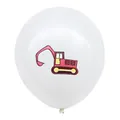 Detail showing a white latex balloon featuring a colorful cartoon excavator printed design - White Balloons with Red Excavator