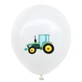 White latex balloon detail featuring a vibrant green cartoon tractor print for parties - White Green Car Construction Balloon (Pack)