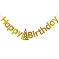 Golden Happy Birthday banner with party hat accent for modern party decorations - Gold Birthday Hat Style