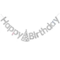 Iridescent Happy Birthday banner set with laser silver finish and star party hat decor - Silver Birthday Hat Style