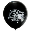 Halloween black latex balloon featuring white spider web and hanging spiders pattern - Black Spider Web