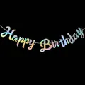 Holographic Happy Birthday banner with rainbow laser effect for disco party decorations - Happy Birthday Letter Style