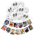 Racing party decorations set featuring checkered balloons and multi-car themed banners - Racing Element Hanging Decor Kit (Package 2)