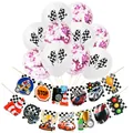 Racing party decorations with checkered balloons and motorsport themed pennant banners - Pink Confetti Balloon Racing Banner Kit (Package 4)