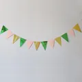 Detail of sage green and gold triangular bunting banner for forest theme party decoration - Green Gold Pink Triangle / Green Gold and Pink