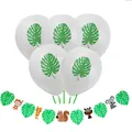 Detail view of jungle theme party banner with cartoon animals and leaf print balloons - Monstera Leaf Animal Banner and Large Monstera Balloon Collection