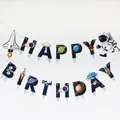 Ruimte thema Happy Birthday slinger set met astronaut en raket voor kinderfeestjes - Zwart Wit Raket Astronaut Banner