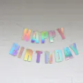 Iridescent laser cut Happy Birthday banner with holographic letter decorations for parties - Iridescent Silver Happy Birthday Banner