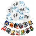 Racing party decorations with checkered balloons, blue sequins, and traffic sign cutouts - Blue Confetti Balloon Racing Traffic Sign Decor (Package 8)