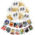 Racing party set with checkered balloons, gold confetti, and motor sport banner detail - Gold Confetti Balloon Double Layer Racing Banner (Package 10)