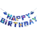 Ruimte thema Happy Birthday slinger met astronauten, raketten en blauwe planeten - Glitter Astronaut Banner