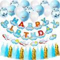 Blauw vliegtuig thema verjaardagsset met latex ballonnen en Happy Birthday banner - Vliegtuig Verjaardag Letter Ballon 1