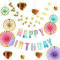 Iridescent Happy Birthday banner with gold stars and pastel paper fans set - Laser Silver Happy Birthday Banner