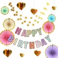 Rainbow Happy Birthday banner set with gold stars, heart pendants, and colorful paper fans - Macaron Happy Birthday Banner