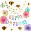 Rainbow Happy Birthday banner set with gold stars, heart charms and colorful paper fans - Laser Silver Happy Birthday Banner