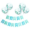 Teal gradient fishtail banner with gold foil Happy Birthday and confetti balloons - Tiffany Blue (Small)