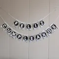 Ασημένιο πανό Feliz Cumpleaños με σημαίες χελιδονιού για διακόσμηση πάρτι γενεθλίων - Ασημένιο στρογγυλό πανό στα ισπανικά
