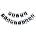Silver mirror Feliz Cumpleaños banner with black star accents and white lettering - Silver White (Silver White Spanish Banner)