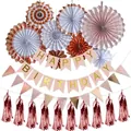 Rose gold and white birthday party decoration set with paper fans and birthday banner - Fishtail Birthday Set Backdrop / Pink