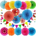 Detailed set of colorful paper honeycombs, fans, and flags for party decoration - Orange & Blue Polka Dot Paper Fan Set 1