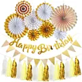 Set decorazioni compleanno oro e giallo con ventagli di carta e striscioni - Connected Birthday Backdrop / Oro