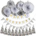 Silver and white birthday party decoration set with paper fans, banners and foil tassels - Birthday Backdrop / Silver