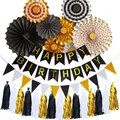 Elegant black gold birthday party decoration set with paper fans banners and tassels - Birthday Backdrop / Black