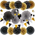 Elegant black and gold party decoration set with paper fans and hanging bunting flags - Black Paper Fan Set