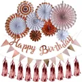 Set decorazioni compleanno oro rosa con ventagli di carta, banner e nappe su sfondo bianco - Connected Birthday Backdrop / Oro rosa