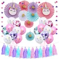 Unicorn party decoration set with pastel paper fans, balloons, and heart hanging garlands - Unicorn Full Kit (370)