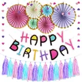 Pink birthday party decor set with Happy Birthday banner and colorful paper fans - Pink Purple Heart Tassel Style (330g)