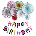 Detail of colorful Happy Birthday banner and eight decorative paper fans set - Dot Stripe Paper Fan Style (260g)