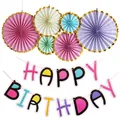 Pink and colorful paper fans with Happy Birthday banner for girl's birthday party - Colorful Gold Edge Fan Style (230克)