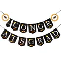 Congrats Grad black and gold banner with mortarboard graduation party decorations - Congrats Grad Swallowtail Style