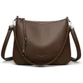 Brown lychee leather crescent shoulder bag with adjustable strap on white background - Brown