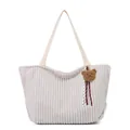 Minimalist beige corduroy tote bag with long straps and a cute brown plush bear charm - White With Pendant
