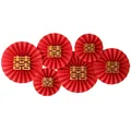 Set of 6 Chinese wedding paper fans in red and gold with double happiness symbols - Square Happiness Dark Red Pearl Fan