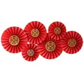 6-piece red and gold Chinese wedding paper fan set with double joy character - Round Happiness Dark Red Pearl Fan