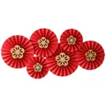 Red paper fan decoration set with golden hollow flowers and white pearl centers - Floral Pattern Paper Fan