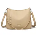 Beige Damen-Schultertasche aus Leder mit Litschimuster und silbernen Beschlägen - Khaki