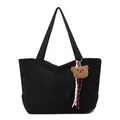 Minimalist black corduroy tote bag for women featuring a cute brown plush bear charm - Black With Pendant