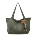Dark green corduroy tote bag with plush bear charm and thick shoulder straps - Green with Charm