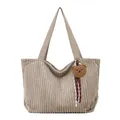 Minimalist khaki corduroy tote bag for women with a cute plush bear charm accessory - Khaki With Pendant