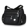 Bolso bandolera de nailon acolchado negro para mujer con varios bolsillos y correa ajustable - Negro