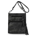 Retro black quilted bucket bag with wide embroidered strap and double tassels features - Black