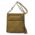 Vintage olive green bucket bag with tassels and colorful embroidered guitar strap - Yellow