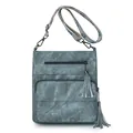 Vintage blue denim texture crossbody bag with tassels and ethnic woven strap - Blue