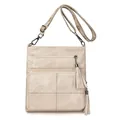 Beige canvas crossbody bag featuring tassel zippers and ethnic geometric strap - Off White