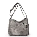 Sac bandoulière vintage en cuir souple gris foncé avec poches zippées multiples - Gris